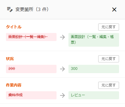 変更箇所パネル。変更前後の値と「元に戻す」ボタン