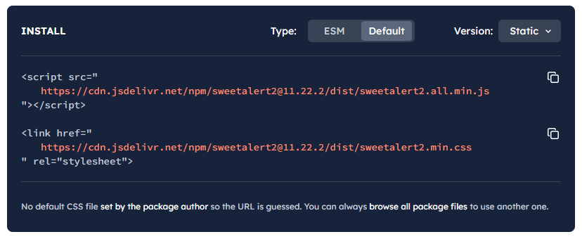 jsDelivr の sweetalert2 のページ